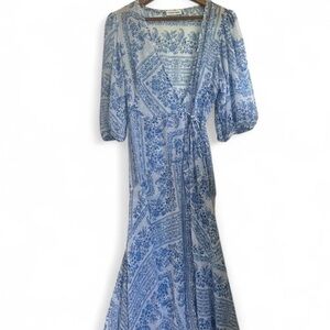 Calvin Klein Blue and White Puff Sleeve Sheet Maxi Wrap Dress / Swimsuit Cover